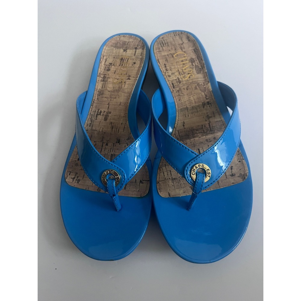 Chaps Kaylen Blue Patent Thong Sandals Cork Footbed Gold Hardware Womens 8B